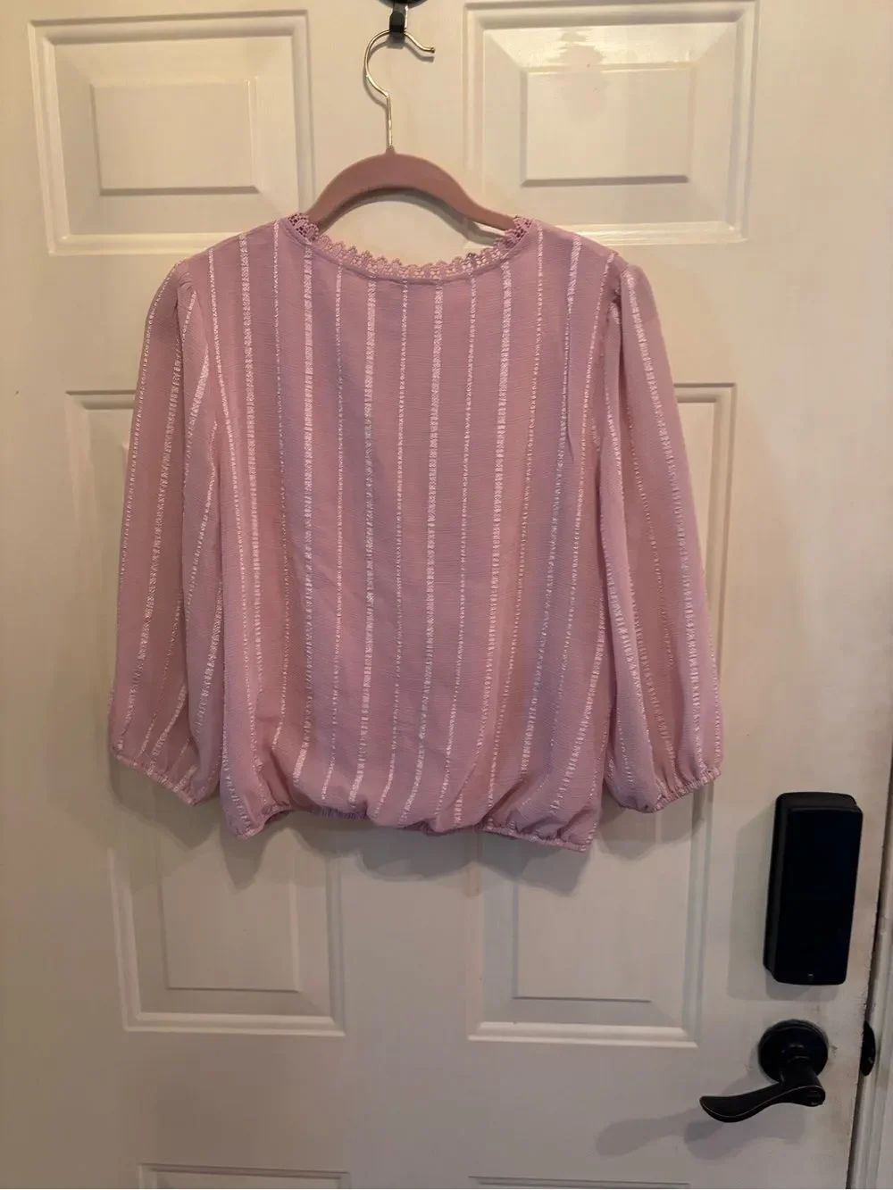 Anthropologie Blue Rain Mauve Lace-Trim Wrap Top - Picture 2 of 5